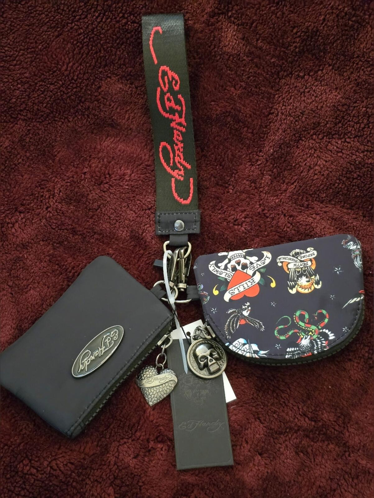 Ed Hardy Love Kills Slowly 3 PcSet, Coin Pouch, Card Holder & Wrist Strap. NWT