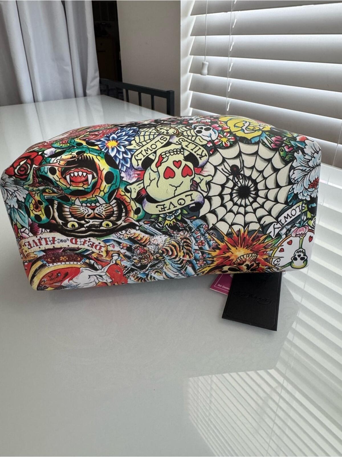 Ed Hardy Multicolor Tattoo Print Zipper Pouch Cosmetic Travel Bag