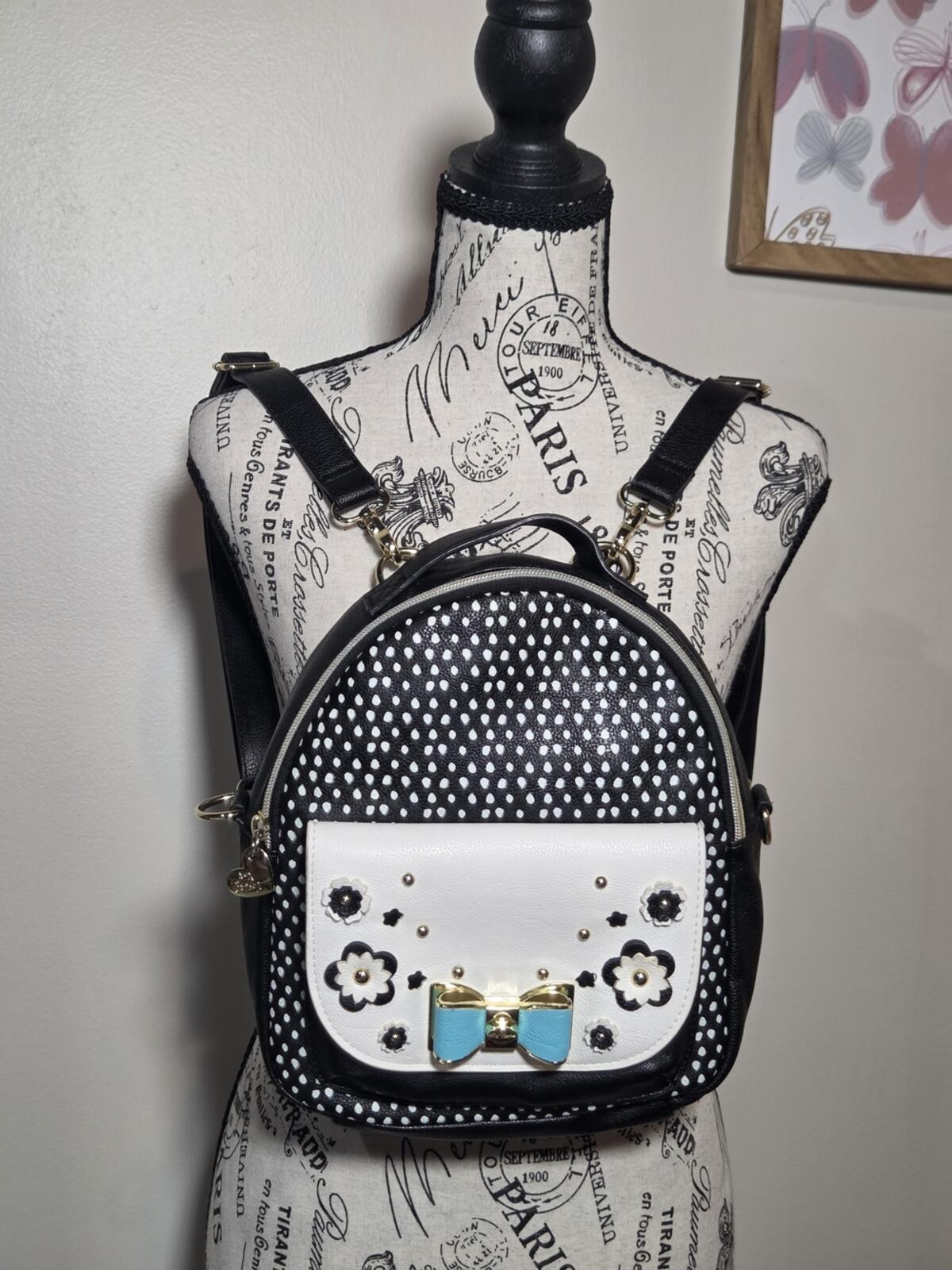 NWOT Betsey Johnson Backpack Luv xoxoxo Black Teal Bow Polka Dots