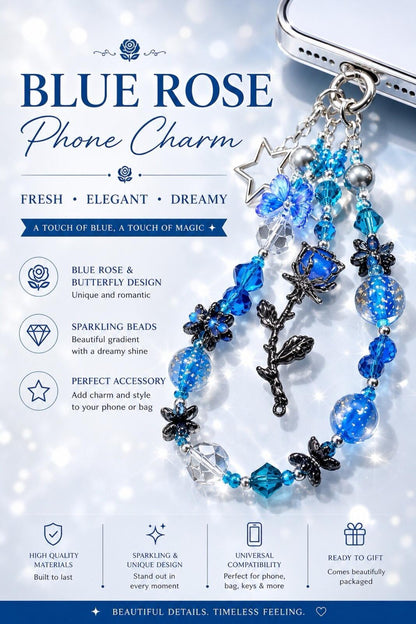 Blue Rose Beaded Phone Charm Y2K Coquette Wristlet Strap