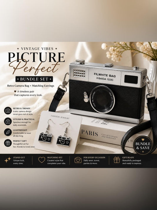 Vintage Camera Crossbody Bag + Matching Camera Earrings Retro Y2K