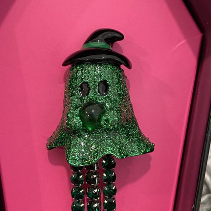 Betsey Johnson Halloween Green Witch Ghost Fringe Brooch Pin Coffin