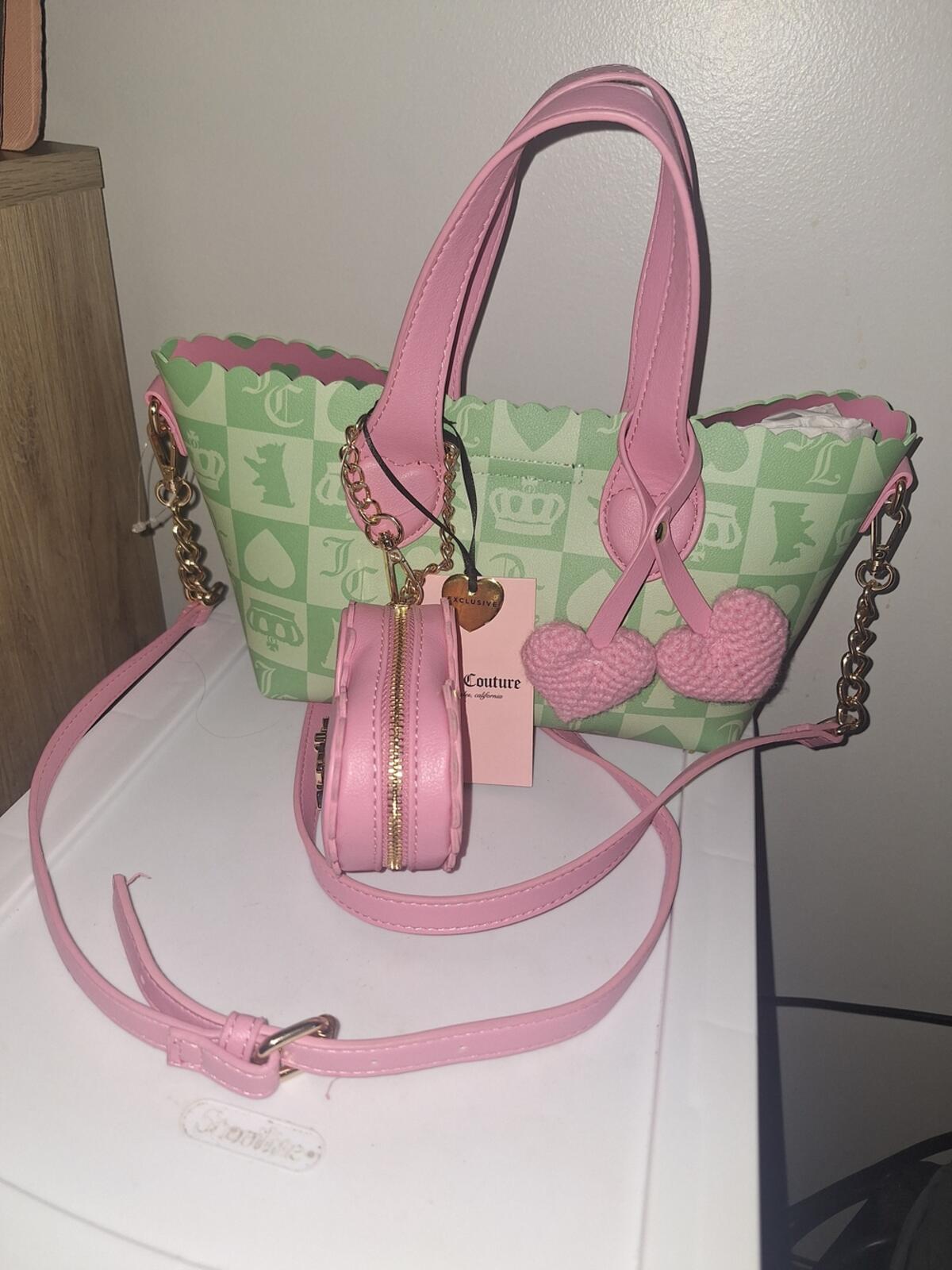 Juicy Couture Sweet Break Time Green Pink Checkerboard Tote Heart Charm