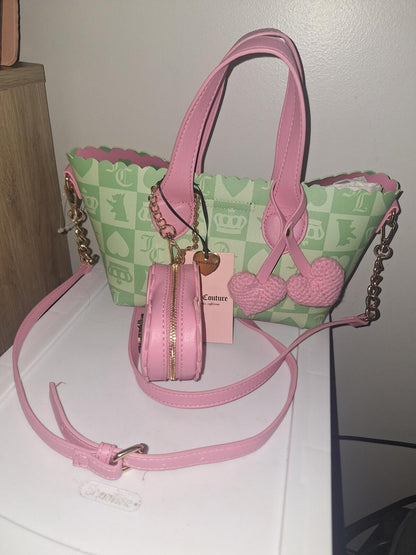 Juicy Couture Sweet Break Time Green Pink Checkerboard Tote Heart Charm