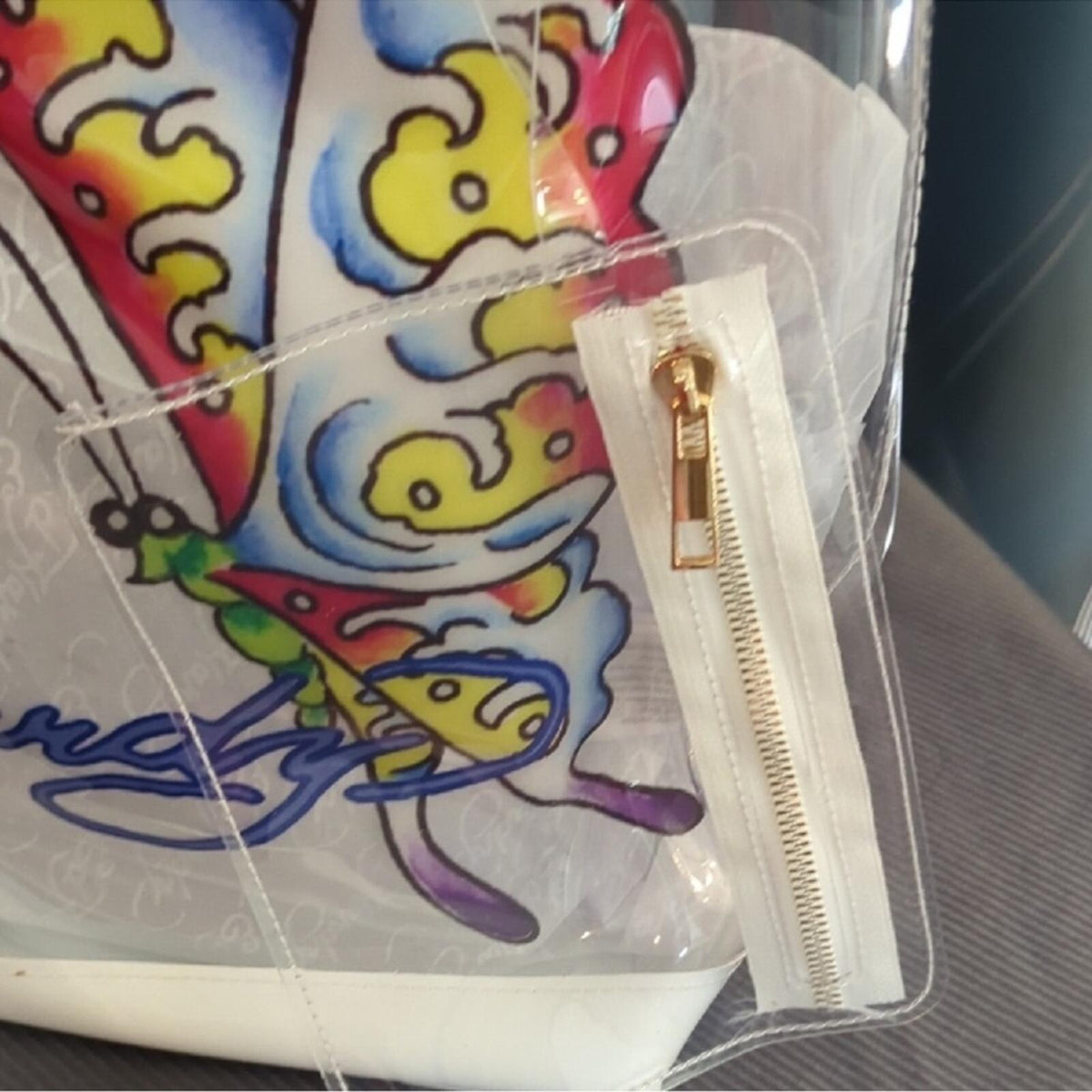 Ed Hardy Clear Butterfly Tote Bag PVC Cream Trim Stadium Bag NWT