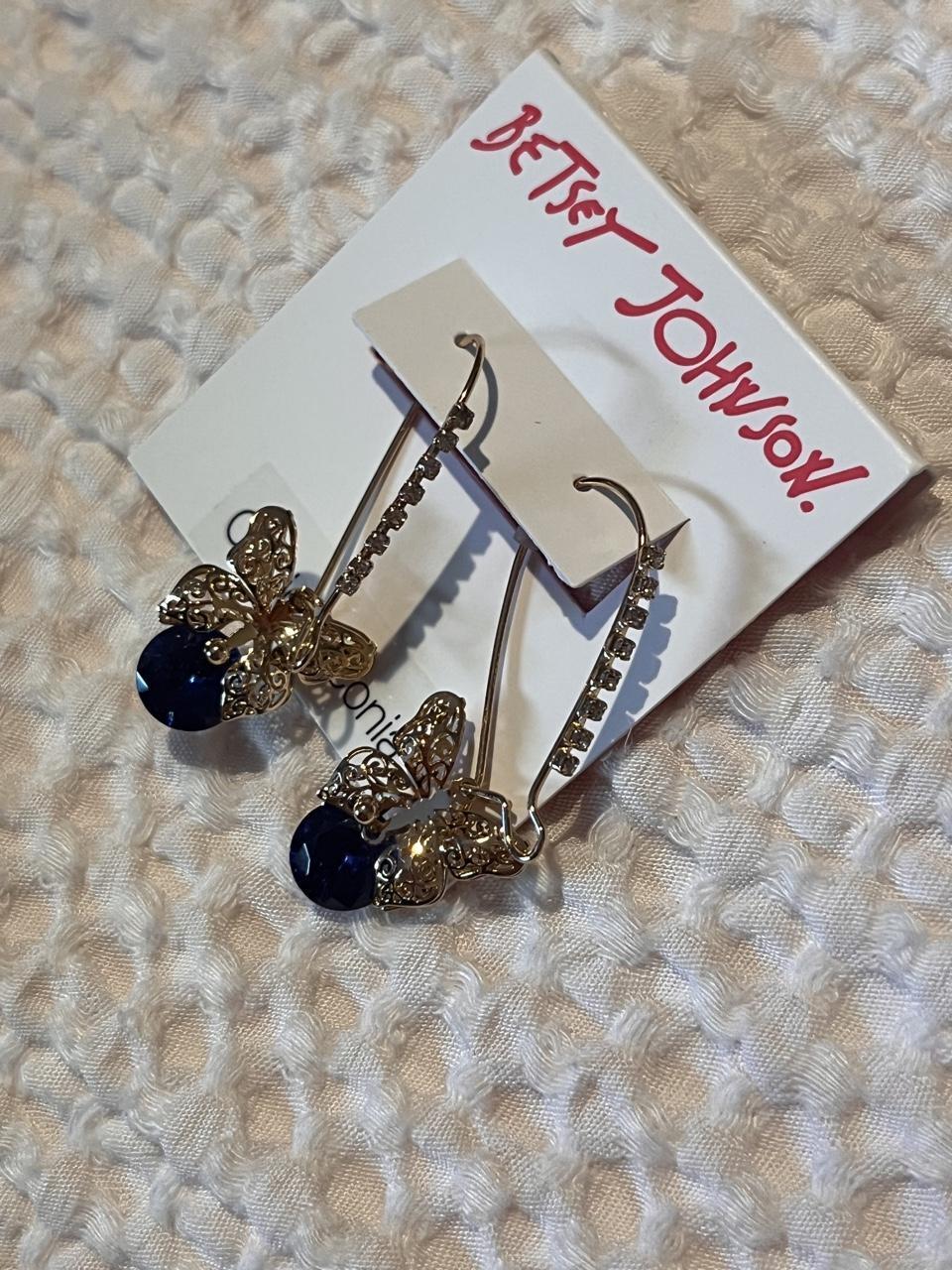 Betsey Johnson Gold Filigree Butterfly Blue CZ Crystal Drop Hoop Earrings NWT