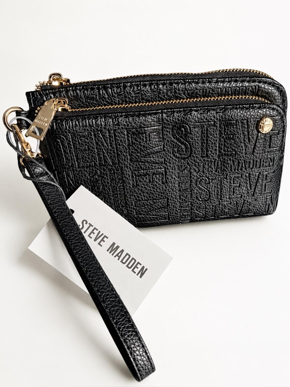 NWT Steve Madden Black Embossed Logo Wristlet Wallet Gold Hardware