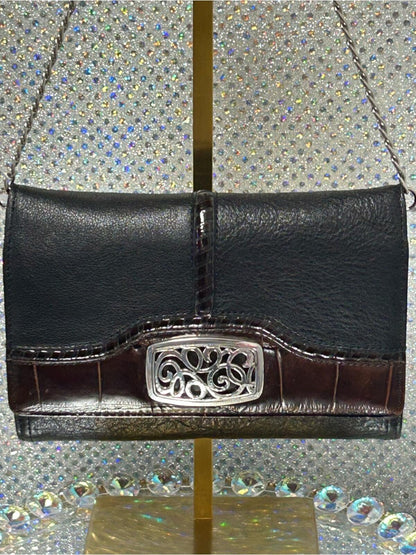 Brighton Black and Brown Leather Shoulder Bag with Silver-Tone Clasp