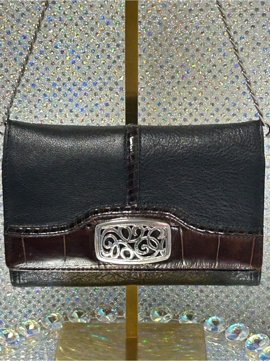 Brighton Black and Brown Leather Shoulder Bag with Silver-Tone Clasp