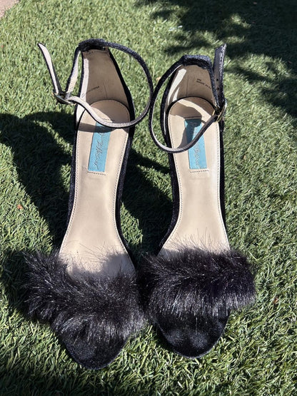 Blue by Betsey Johnson Black Faux Fur Ankle Strap Sandals