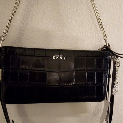 DKNY Black Croc Embossed Leather Crossbody Chain Strap NWT