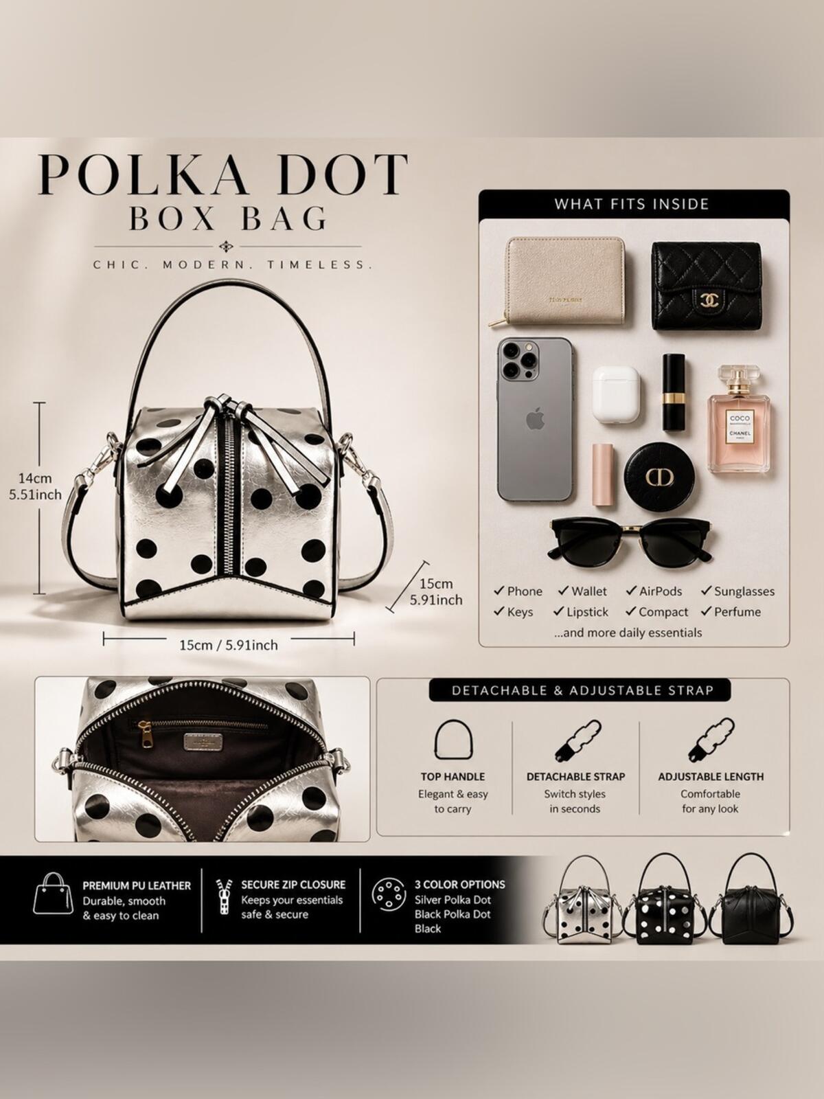Silver Polka Dot Box Bag Retro Mod Top Handle Crossbody Satchel