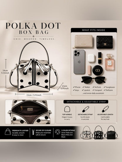 Silver Polka Dot Box Bag Retro Mod Top Handle Crossbody Satchel