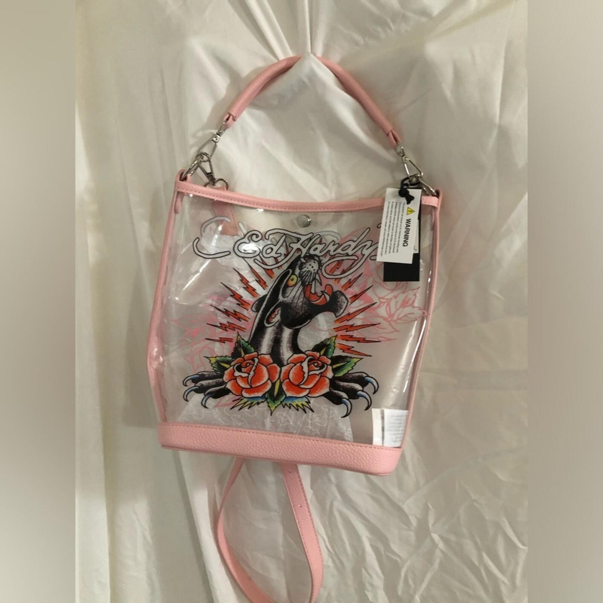 Ed Hardy Clear PVC Bucket Bag Panther Roses NWT
