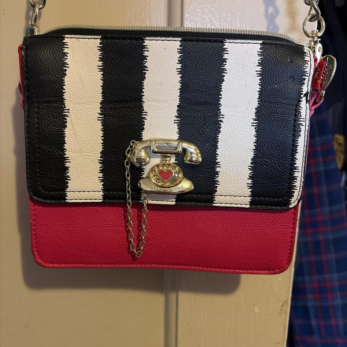 Betsey Johnson Multi Color Crossbody Bag with Striped Flap and Telephone Charm