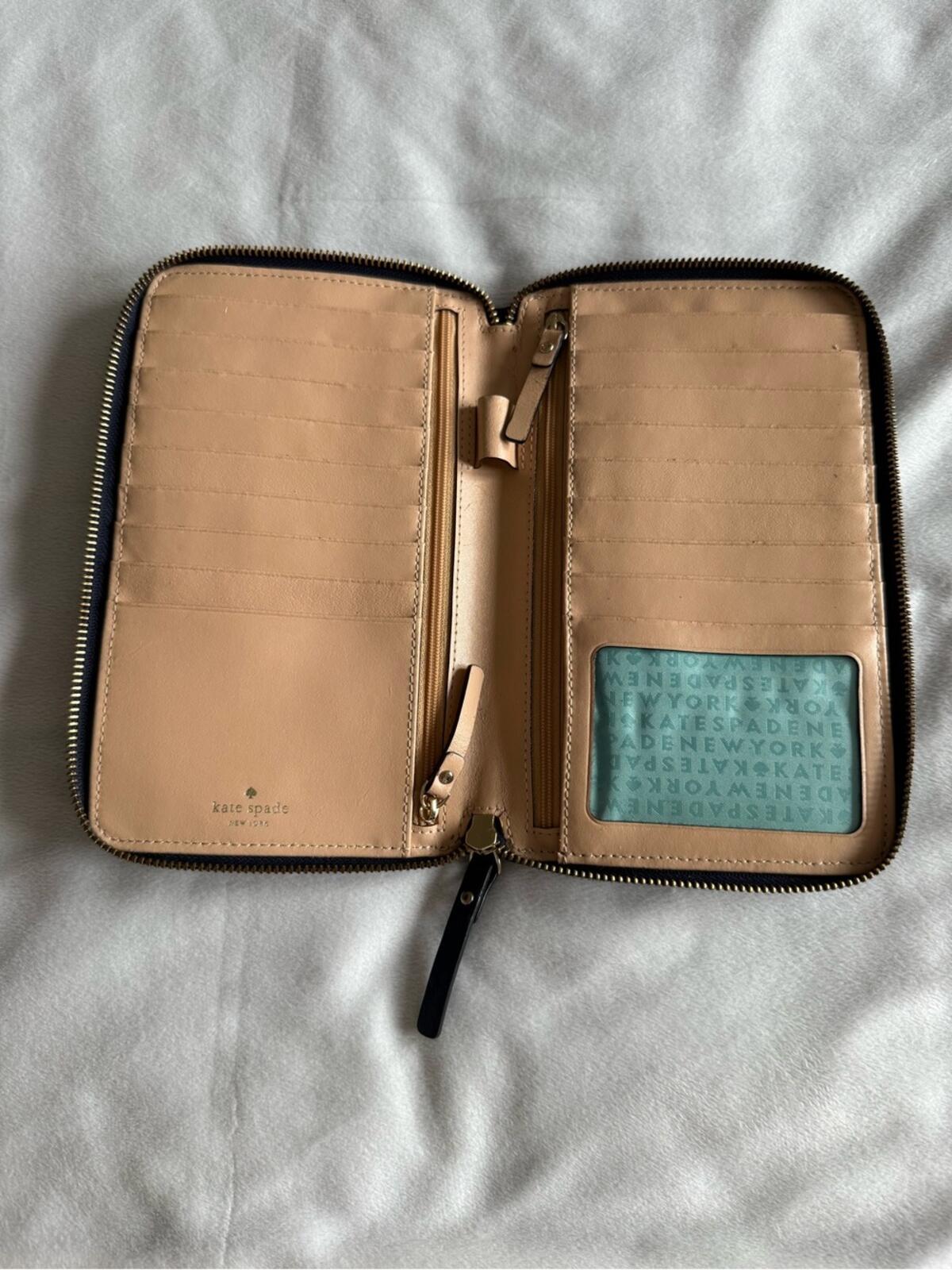 Kate Spade Beacon Court Lacey Zip Around Bow Wallet Blue Ostrich Embossed