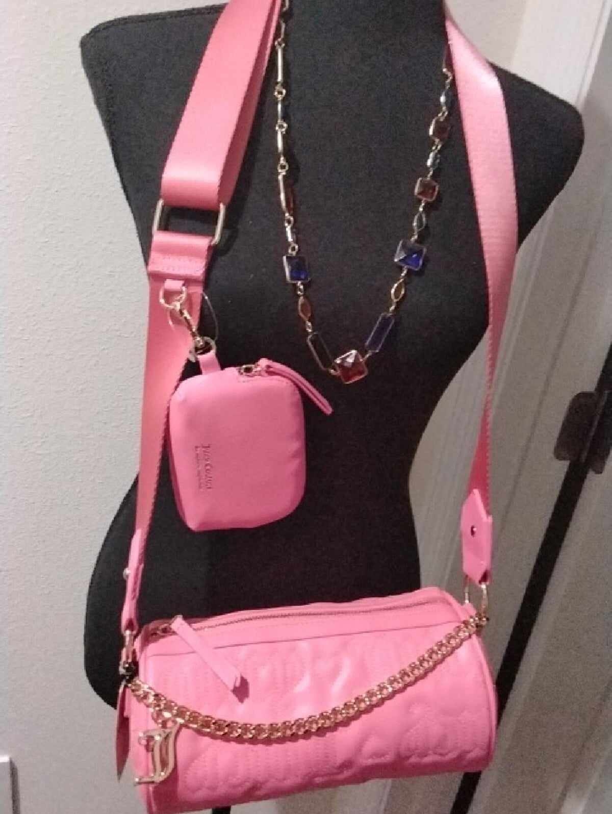 Juicy Couture Pink Quilted Barrel Crossbody Bag with Gold Chain Accent