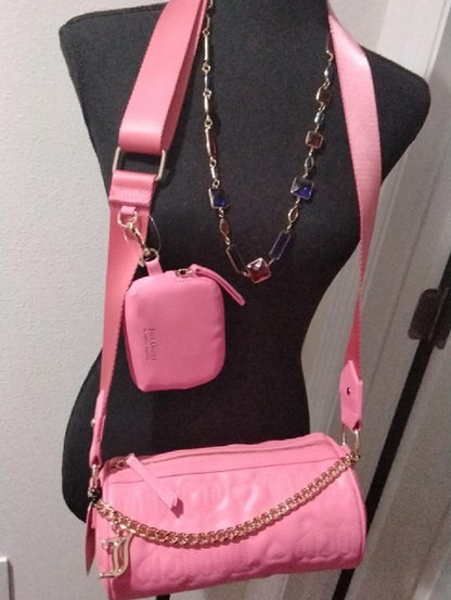 Juicy Couture Pink Quilted Barrel Crossbody Bag with Gold Chain Accent