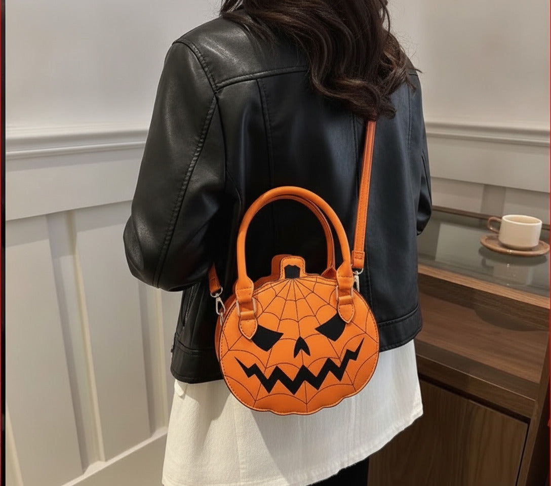 Halloween Pumpkin Shaped Orange Handbag with Spider Web Design nwot