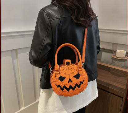 Halloween Pumpkin Shaped Orange Handbag with Spider Web Design nwot