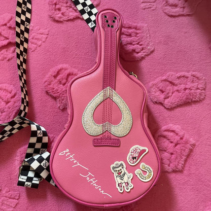 Betsey Johnson Pink Rockstar Guitar Purse & Cow Print Cowboy Hat Keychain