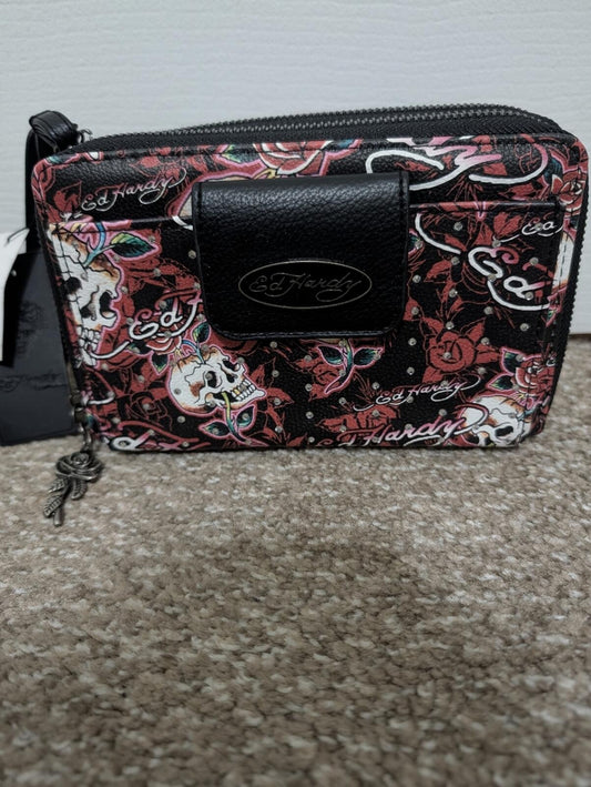 NWT Ed Hardy Black Wallet with Red Floral & Skull Print