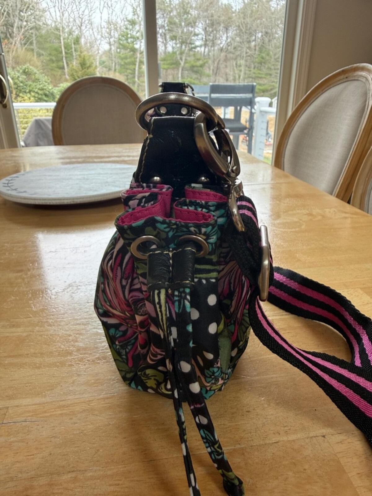 Oilily Pink and Black Floral Polka Dot Crossbody Bag with Adjustable Strap