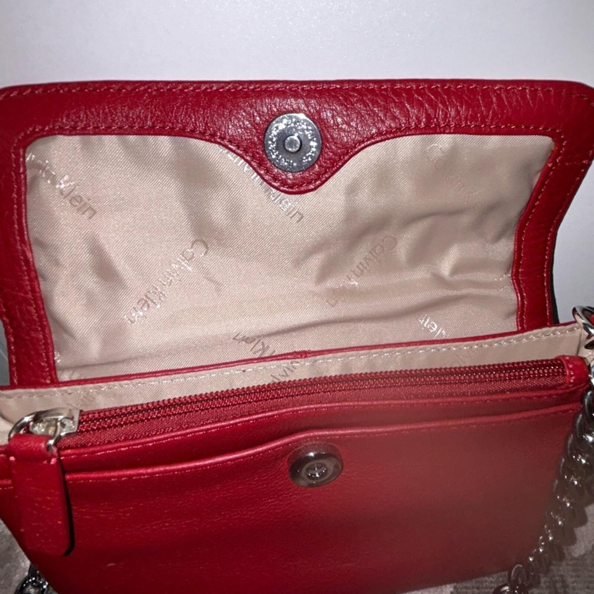 Calvin Klein Red Textured Crossbody Bag with Chain Strap