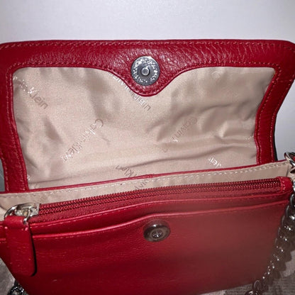 Calvin Klein Red Textured Crossbody Bag with Chain Strap
