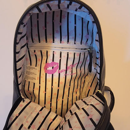 Black faux leather betsey johnson unicorn backpack with gold and silver