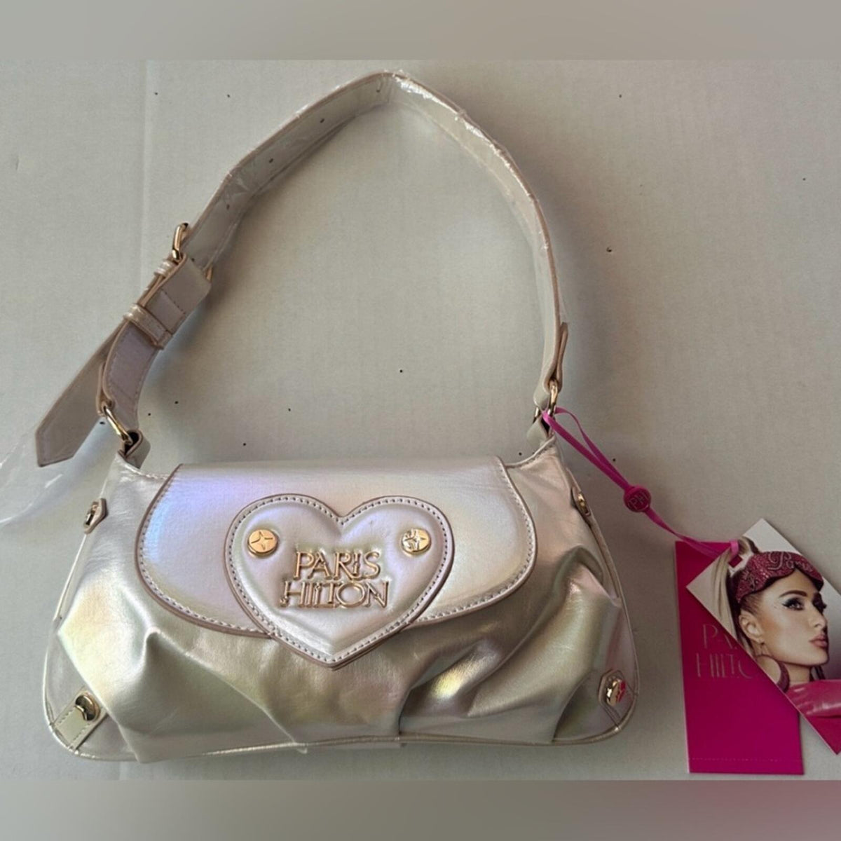 Paris Hilton Iridescent White Shoulder Bag with Heart Detail - New with Tags