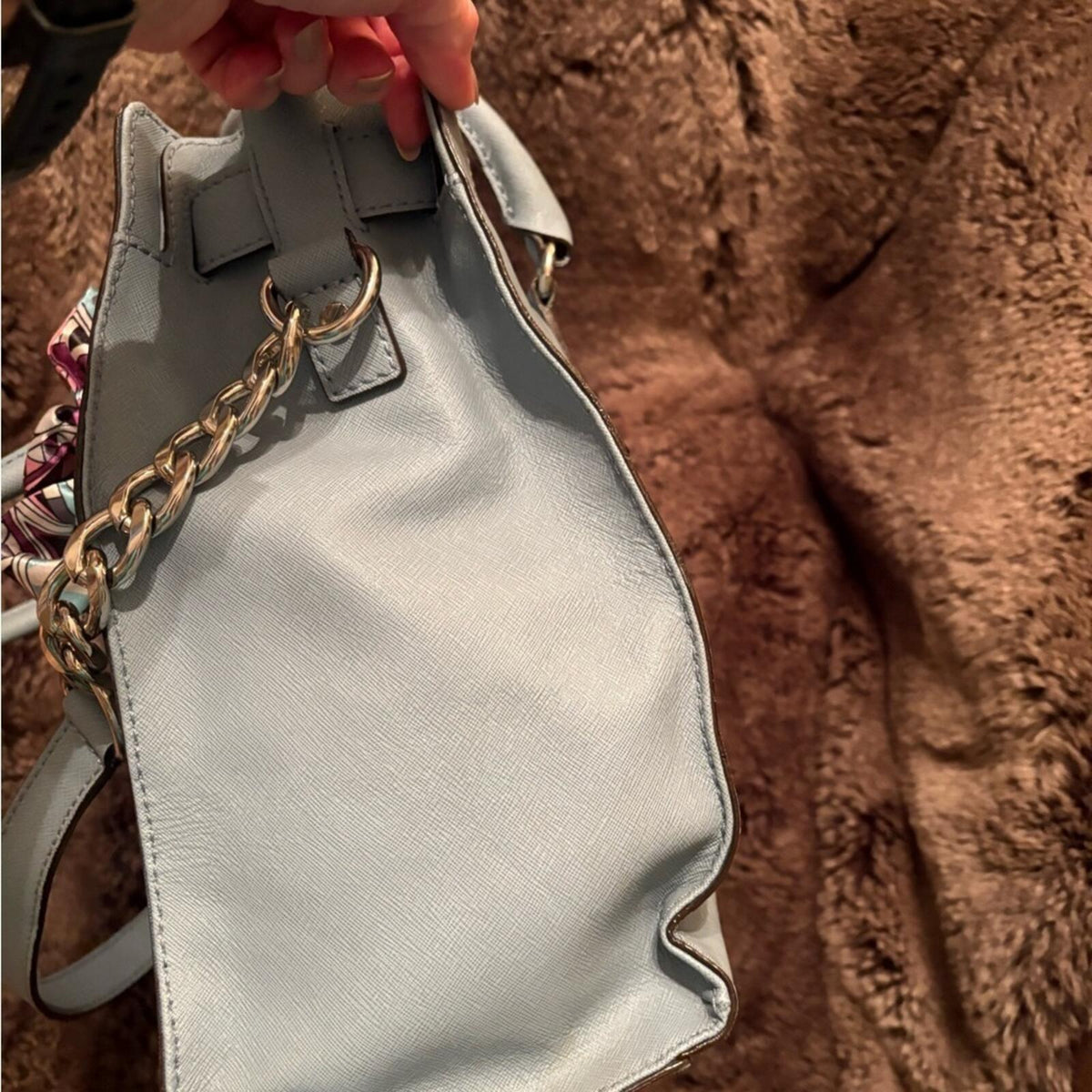 Michael Kors Light Blue Saffiano Leather Tote Bag with Gold Chain and Scarf