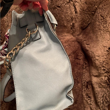 Michael Kors Light Blue Saffiano Leather Tote Bag with Gold Chain and Scarf