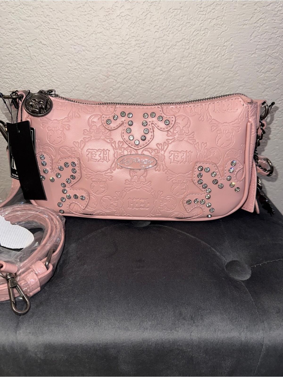 Ed Hardy Pink Embossed Studded Crossbody Bag NWT