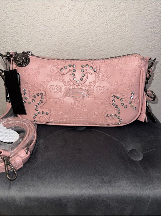 Ed Hardy Pink Embossed Studded Crossbody Bag NWT