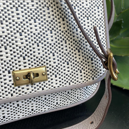Fossil Canvas Leather Crossbody Satchel Key Charm Cream Tan