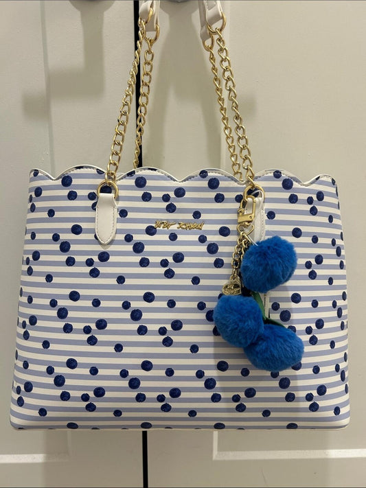Betsey Johnson Blue Polka Dot and Stripe Scalloped Tote Bag with Pom Pom Charm