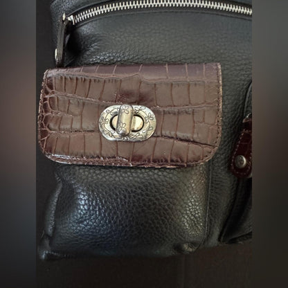 Brighton Large Black and Brown Leather Croc Embossed Crossbody Messenger Bag