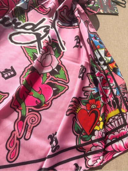 NWT Ed Hardy Pink Skull Roses Satin Scarf Tattoo Print Square Large