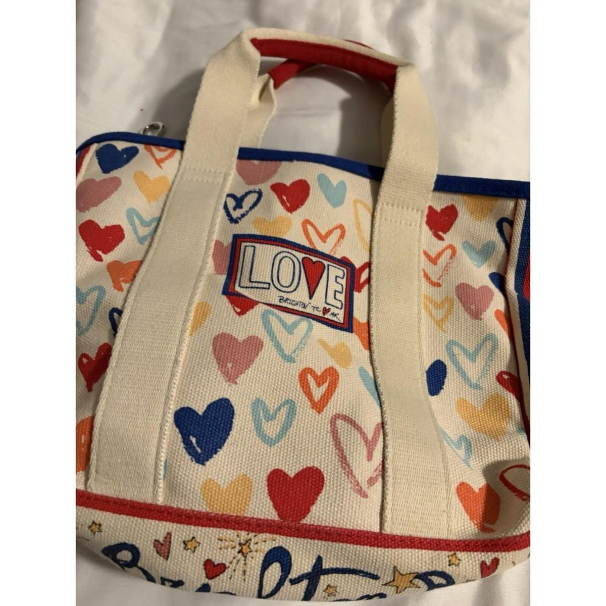 Brighton Love Heart Canvas Tote Bag Womens Small Ivory Red Blue