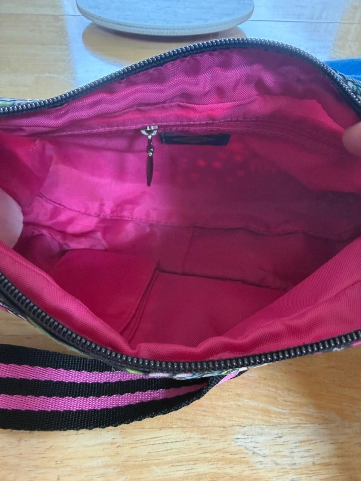 Oilily Pink and Black Floral Polka Dot Crossbody Bag with Adjustable Strap