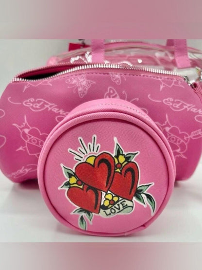 ED HARDY TRIO ft Clear & Pink Barrel Bag, Wristlet & Pouch NWT