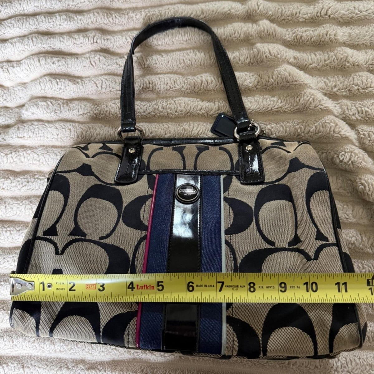 Coach Signature Stripe Satchel Bag Black Khaki Canvas Patent Leather F25526