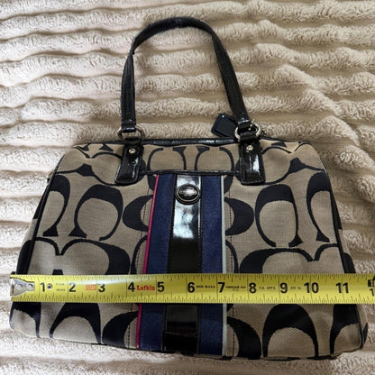 Coach Signature Stripe Satchel Bag Black Khaki Canvas Patent Leather F25526