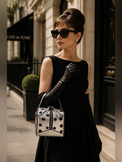 Silver Polka Dot Box Bag Retro Mod Top Handle Crossbody Satchel