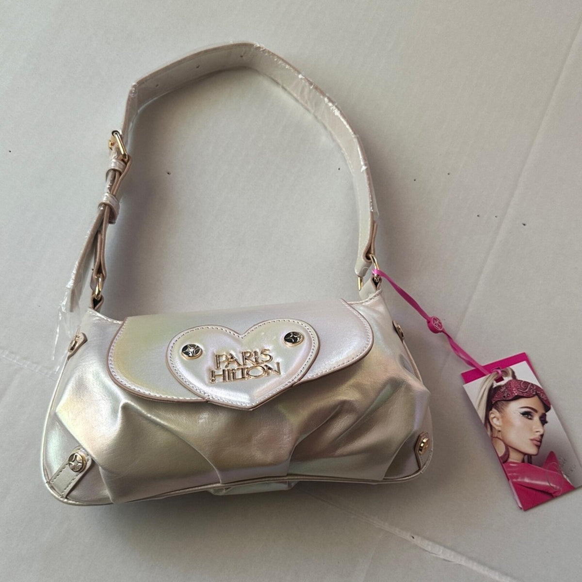 Paris Hilton Iridescent White Shoulder Bag with Heart Detail - New with Tags
