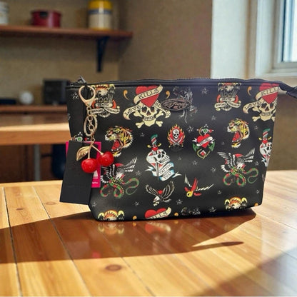 Ed Hardy Tattoo Print Cosmetic Zip Pouch Cherry Charm NWT
