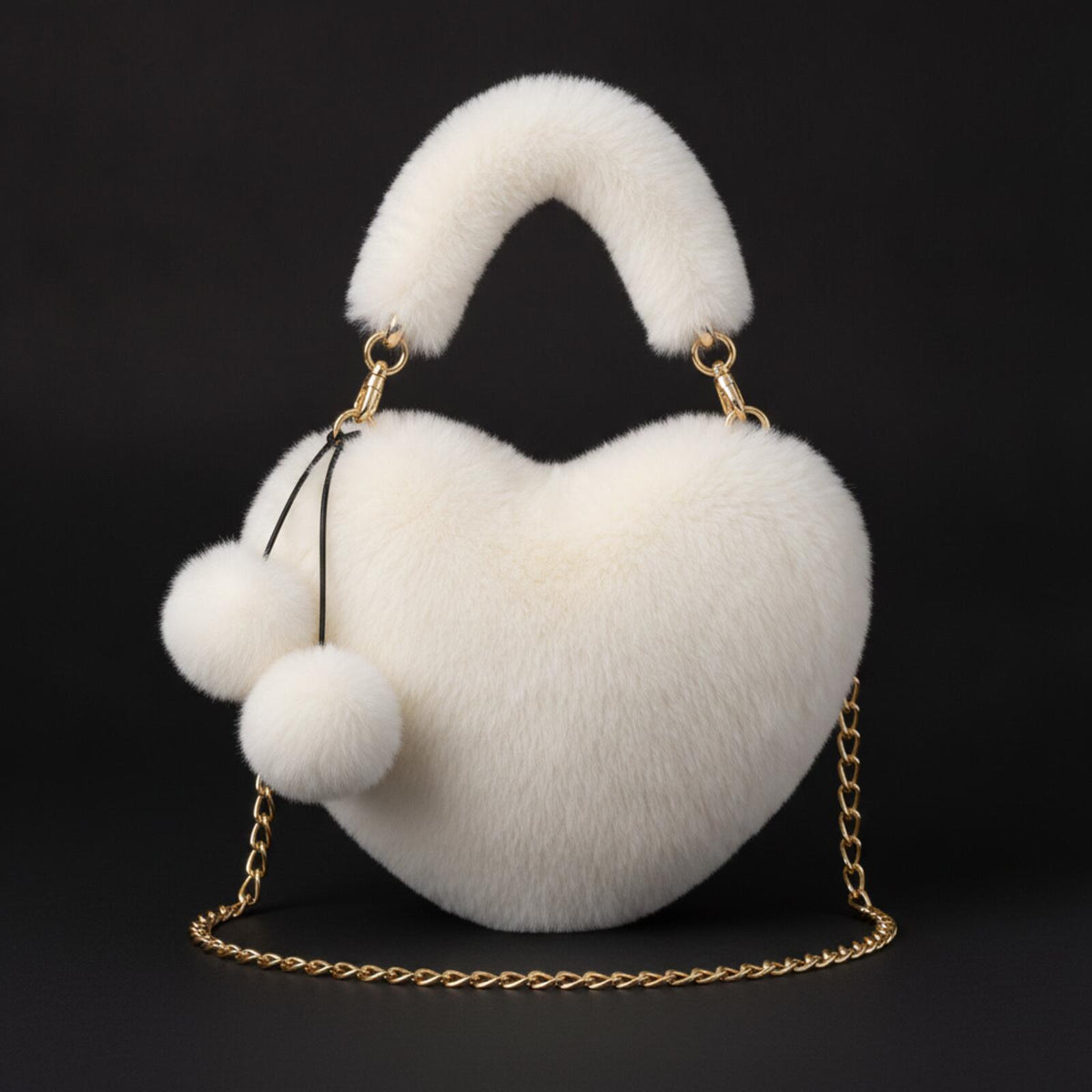 Coquette Heart-Shaped Faux Fur Plush Crossbody Bag with Pom Pom Charms - Cream &