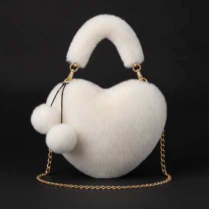 Coquette Heart-Shaped Faux Fur Plush Crossbody Bag with Pom Pom Charms - Cream &