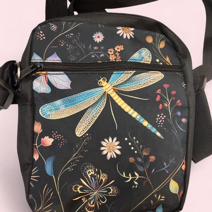 Stylish Black Dragonfly & Floral Print Crossbody Bag with Matching Keychain and